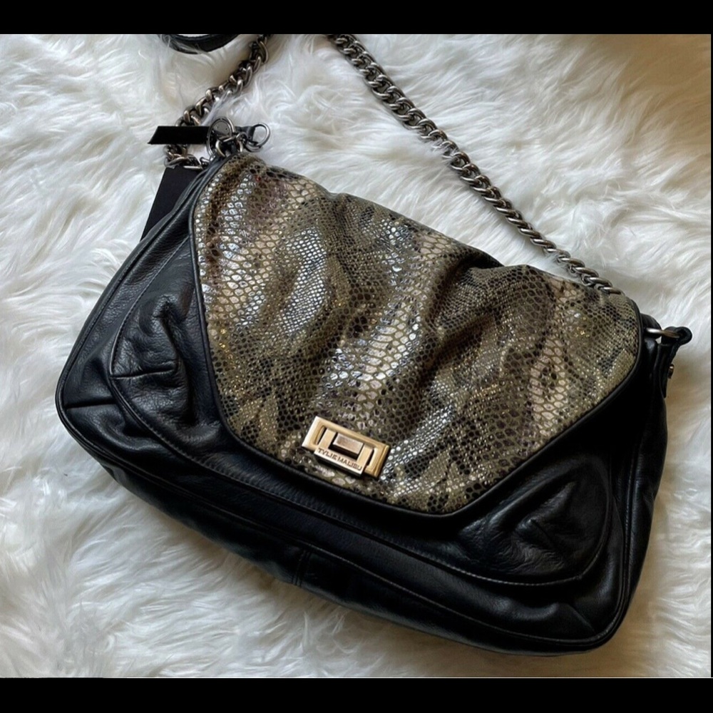 Tylie Malibu Black Leather Python Print Bag NWT